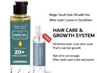Bottle of Magic Touch Hair Oil with 20 plus herbs and vitamins and free conditioner bottle, organic hair growth system