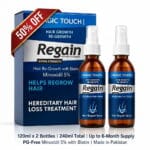 Magic Touch Minoxidil 5% Regain hair regrowth spray pack of 2 bottles with 50% off promotional ribbon wrapper banner.