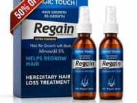 Magic Touch Minoxidil 5% Regain hair regrowth spray pack of 2 bottles with 50% off promotional ribbon wrapper banner.