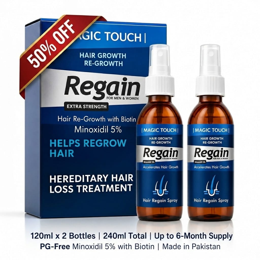 Magic Touch Minoxidil 5% Regain Spray – Pack of 2 Bottles Magic Touch Minoxidil 5% Regain hair regrowth spray pack of 2 bottles with 50% off promotional ribbon wrapper banner.