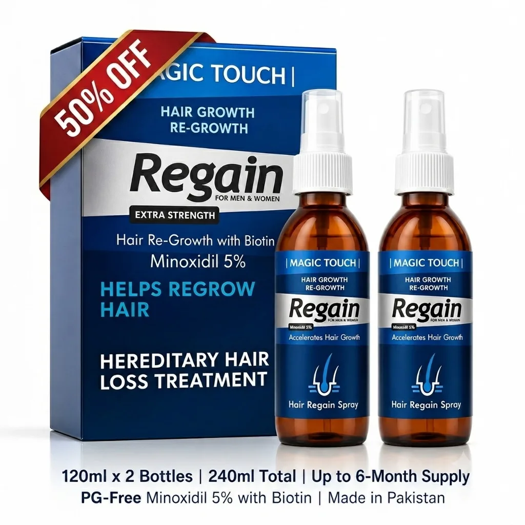 Magic Touch Minoxidil 5% Regain Spray – Pack of 2 Bottles Magic Touch Minoxidil 5% Regain hair regrowth spray pack of 2 bottles with 50% off promotional ribbon wrapper banner.