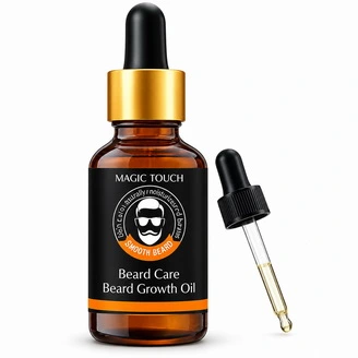 Magic Touch Beard Growth Oil bottle and packaging for men, designed to nourish beard roots and fix patchy beards